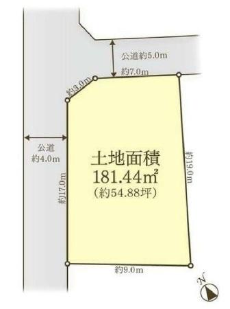 大和市売地建築条件無し整形地北西角地54坪以上