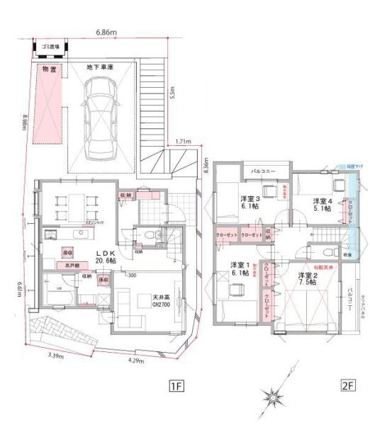 【B号棟】青葉区新築戸建地下車庫LDK20帖以上