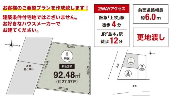 高槻市神内２丁目1号地　条件なし土地