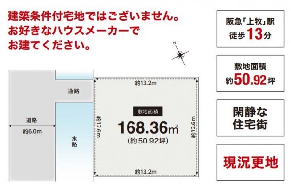 高槻市東上牧３丁目　建築条件なし土地