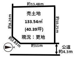 香芝市鎌田南東角地・建築条件無し売土地1698万円