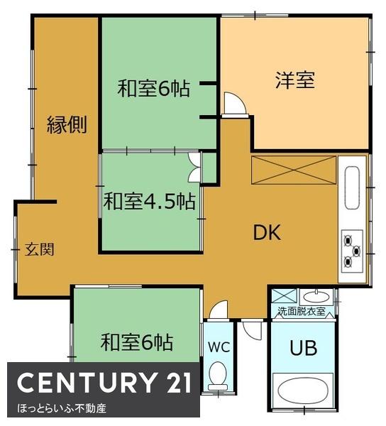 車庫、物置つきの平屋建て戸建て住宅です